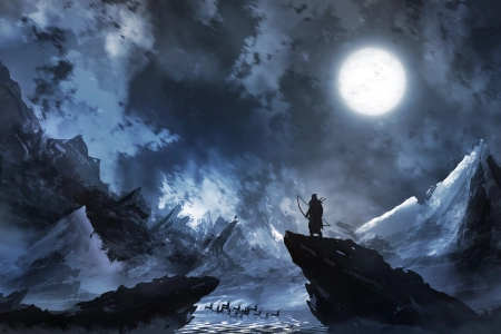 英雄 孤独 幻想艺术 月亮 云 夜 AI艺术 魔鬼 遥望 4K壁纸 3840x2160