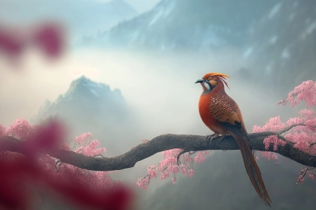 鸟类 插图 动物 树枝 自然 花 4K壁纸 4579x2616