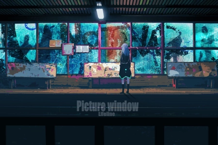 生命线 蓝色头发 长发 动漫 动漫女孩 火车站 黑色外套 涂鸦  电脑壁纸 4K壁纸 4080x2200