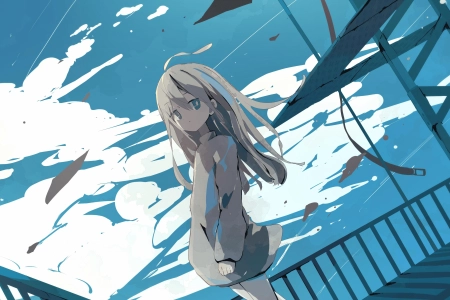 长发 蓝眼睛 动漫 女孩 天空 云 4K壁纸 3840x2160