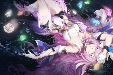 粉色头发 仰卧  白色连衣裙 动漫女孩 水 紫色眼睛  电脑壁纸 4K壁纸 3840x2160