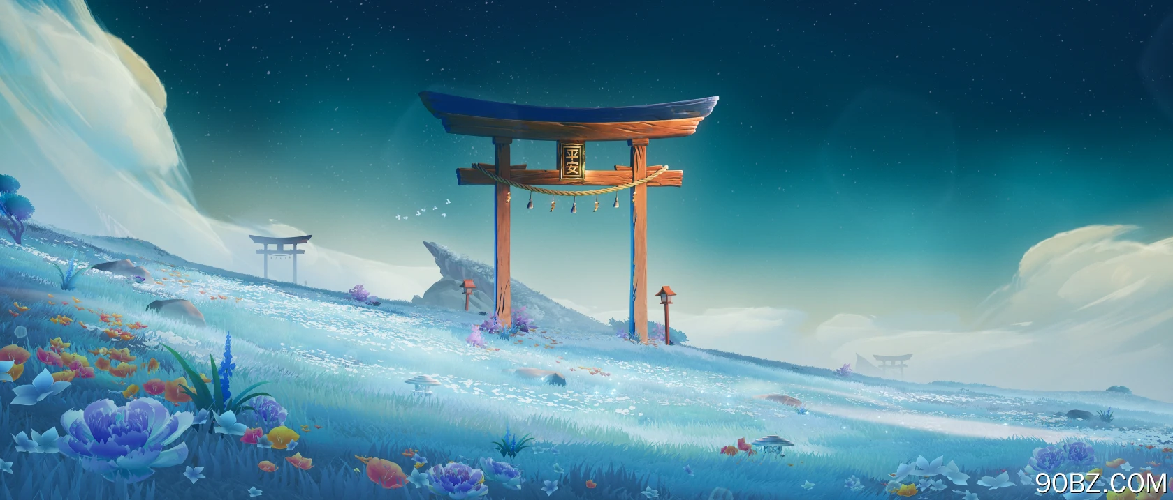 数字艺术、画作、插图、数字绘画、风景、田野、自然、夜晚、鸟居、门、花朵、鸟类