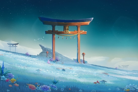 数字艺术、画作、插图、数字绘画、风景、田野、自然、夜晚、鸟居、门、花朵、鸟类 3840x1640