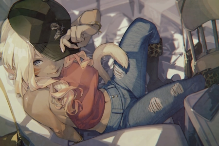 猫女孩 动漫 女孩 帽子 破衣服 猫耳朵 猫尾巴 最终幻想 4K壁纸 4096x2304