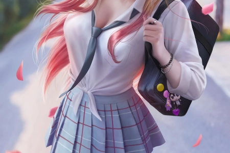 动漫 动漫女孩 衬衫 校服 花瓣 绘画 粉丝艺术 手机壁纸 4K壁纸 3900x7000