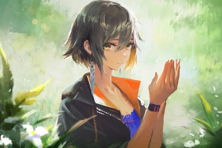 短发 动漫 动漫女孩 耳环 4K壁纸 4096x2702