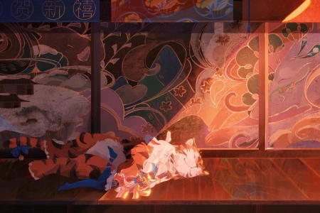 白发 老虎  阳光 兔耳朵 艺术 绘画 新年 电脑壁纸 4K壁纸 5799x2671