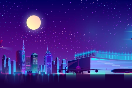 AI艺术 极简主义 蓝色 月亮 月光 星星 城市 景观 机场 摩天大楼 灯光 发光 矢量图形 满月 飞机 4K壁纸 3840x2160
