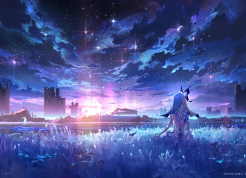 长发 虚空 背部 坐着 海岸 守护者 星空 田野 天空 云 星星 草 衣服 钢琴 面纱 夜 4K壁纸  7000x3938