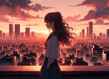 女学生 长发 红发 动漫女孩 校服 城市景观 日落 夕阳辉光 天空 风景  电脑壁纸 4K壁纸  4800x2740
