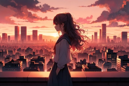 女学生 长发 红发 动漫女孩 校服 城市景观 日落 夕阳辉光 天空 风景  电脑壁纸 4K壁纸 4800x2740