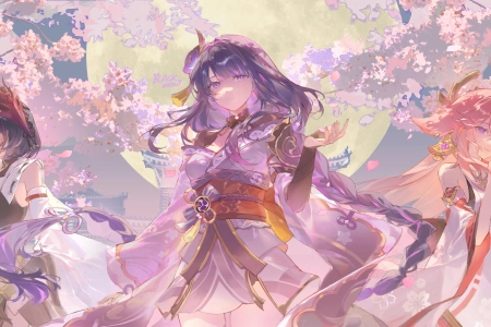 女性 长发 户外 满月 动漫 女孩 樱花 九条萨拉 头饰 花朵 花瓣 紫色 眼睛 春天 夜晚 4K壁纸 5500x2592