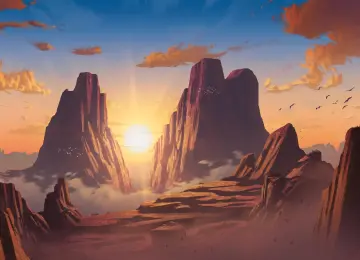 AI艺术 插图 风景 自然 日落 沙漠 岩层 云 鸟 环境 天空 夕阳 辉光 太阳 4K壁纸  3840x2160