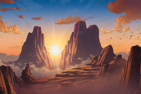 AI艺术 插图 风景 自然 日落 沙漠 岩层 云 鸟 环境 天空 夕阳 辉光 太阳 4K壁纸 3840x2160