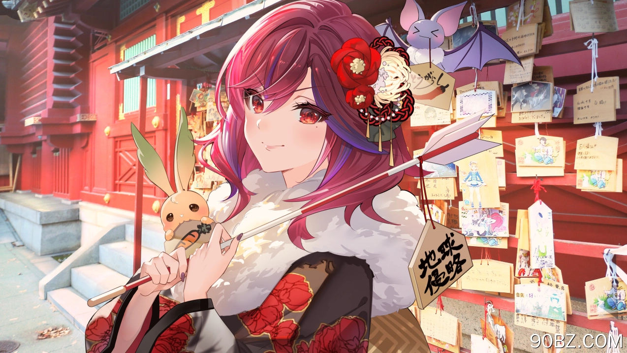  红发 红眼 动漫 动漫女孩 美术作品 虚拟 新年 服装 玫瑰  电脑壁纸 4K壁纸