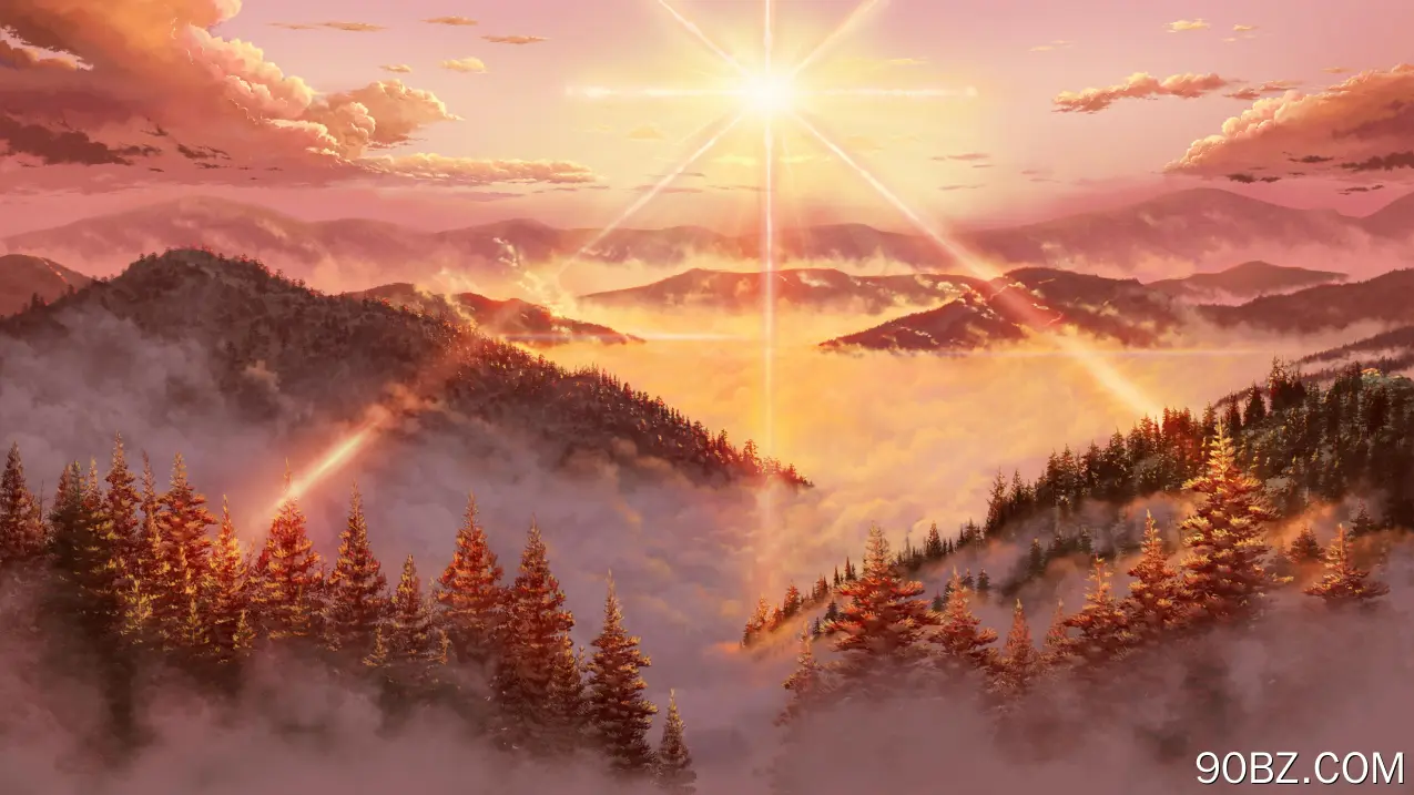 AI艺术 插图 风景 山脉 森林 树木 太阳 天空 云 阳光 自然 日落 夕阳辉光 阳光 4K壁纸