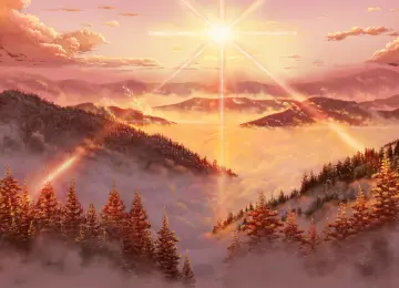 AI艺术 插图 风景 山脉 森林 树木 太阳 天空 云 阳光 自然 日落 夕阳辉光 阳光 4K壁纸  4000x2250
