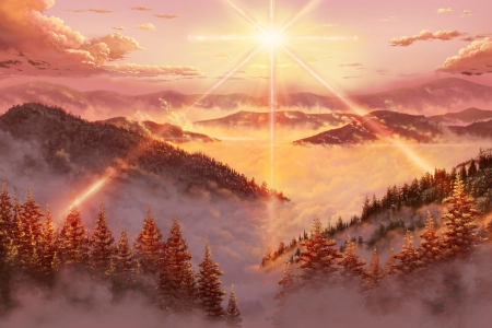 AI艺术 插图 风景 山脉 森林 树木 太阳 天空 云 阳光 自然 日落 夕阳辉光 阳光 4K壁纸 4000x2250