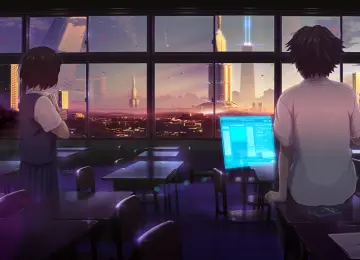 教室 AI艺术 未来主义 科幻小说 摩天大楼 城市 日落 4K壁纸  3840x2160