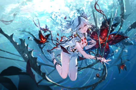 电子 游戏 角色 白发 双色调头发 微笑 呼啸波 水下 白色丝袜 双胞胎 泡泡 连衣裙 4K壁纸 6400x4000