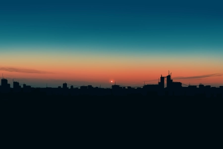 优雅 夕阳 城市 地平线 夕阳辉光 剪影 天空 4K壁纸 5640x2400