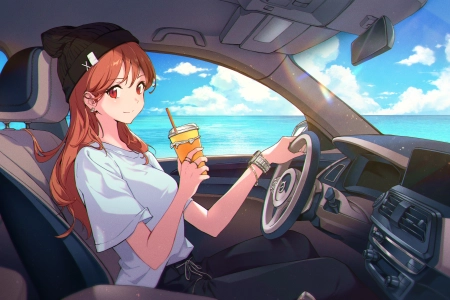 汽车 驾驶车辆的女孩 饮料 电脑壁纸 4K壁纸 3944x2254