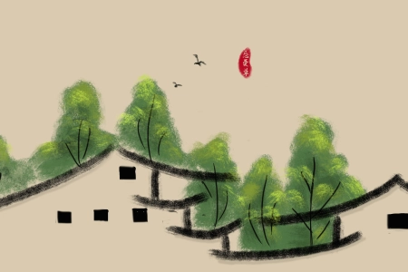 小屋舍 柳树 国风 忘忧草 手绘 5K 风景 桌面 4K壁纸 5120x2880