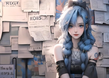 报纸 墙 金克丝 蓝色 双马尾 蓝色头发 蝴蝶结 4K壁纸  3840x2160