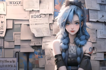报纸 墙 金克丝 蓝色 双马尾 蓝色头发 蝴蝶结 4K壁纸 3840x2160