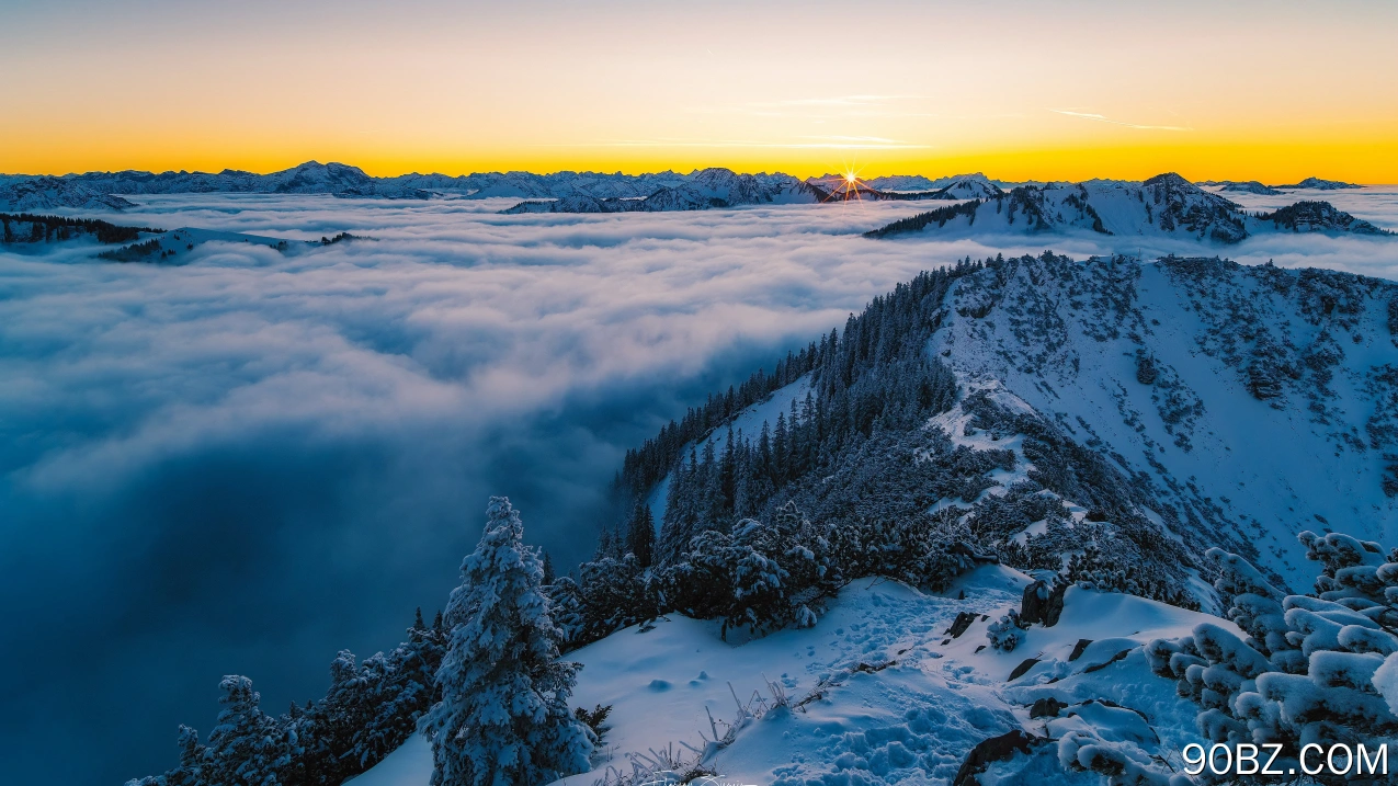 自然 户外 冬季 山脉 风景 太阳 雪峰 雪山 4K壁纸