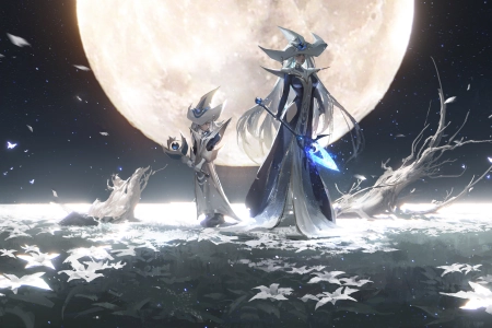 魔术师 动漫 女孩 月亮 花瓣 花朵 AI艺术 4K壁纸 5500x2649