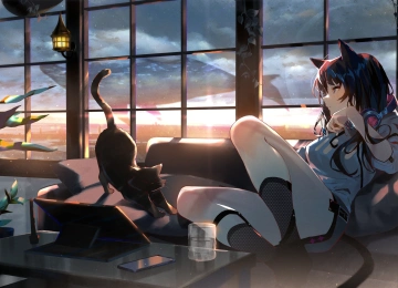 猫女孩 原创人物 黑发 动漫女孩 黑猫 房间 窗户  电脑壁纸 4K壁纸  4096x2304