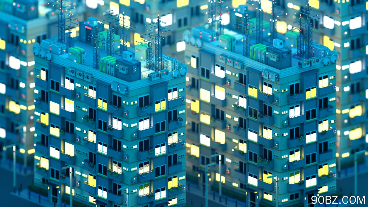 AI艺术 艺术 公寓 街区 蓝色 城市 建筑 夜景 电脑壁纸 4K壁纸