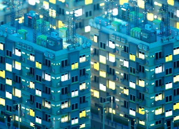 AI艺术 艺术 公寓 街区 蓝色 城市 建筑 夜景 电脑壁纸 4K壁纸  3840x2160