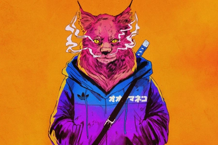 橙色背景 猫 动物 绘画 动画 抽象  电脑壁纸 4K壁纸 4200x2260