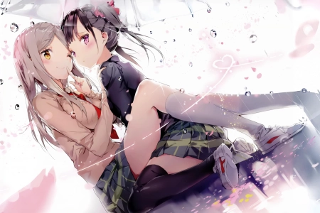 女学生 微笑 动漫 女孩 校服 雨伞 水滴 腮红 长袜 袜子 鞋子 水 心 樱花 小把戏 尤里 4K壁纸 4000x2454