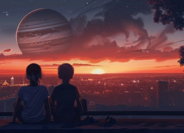 儿童 人工智能艺术 插图 城市景观 云 木星 日出 友谊 城市 电脑壁纸 4K壁纸  5824x3264