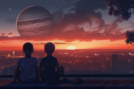 儿童 人工智能艺术 插图 城市景观 云 木星 日出 友谊 城市 电脑壁纸 4K壁纸 5824x3264