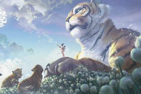 动物 老虎 国风 旗袍 艺术 绘画 国画 蒲公英 4K壁纸 3840x2160
