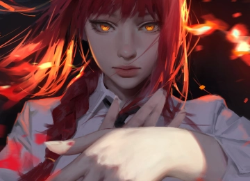 女性 红头发 长发 辫子 团队 艺术家 AI艺术 插图 肖像 电锯人 黄色眼睛 白色衬衫 手机壁纸 4K壁纸  5000x6667