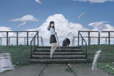 黑发 校服 云 晴空 伞 台阶 褶裙 白袜子 齐膝 动漫女孩  电脑壁纸 4K壁纸 5308x2800