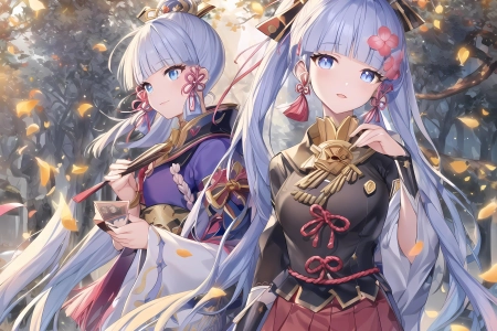蓝头发 蓝眼睛 动漫女孩 原神 花瓣 4K壁纸 5120x3584