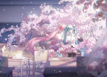 动漫 动漫女孩 小提琴 樱花 花瓣 教室 双尾 电脑壁纸 4K壁纸  5425x3052