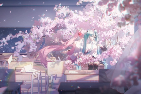 动漫 动漫女孩 小提琴 樱花 花瓣 教室 双尾 电脑壁纸 4K壁纸 5425x3052