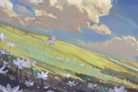 电子游戏 天马 狼 草 花 云 田野 动物 AI艺术 4K壁纸 4096x2650