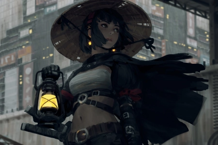 女人 奇幻女孩 武士 扇子艺术 素描 科幻 黑衣 数码绘画 风 奇幻艺术 黑发 奇幻绘画  电脑壁纸 4K壁纸 4096x2559