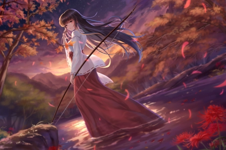 弓箭手 女人 深色皮肤 犬夜叉 动漫 女孩 树木 星星 鲜花 AI艺术 日落 桔梗 4K壁纸 4210x2976