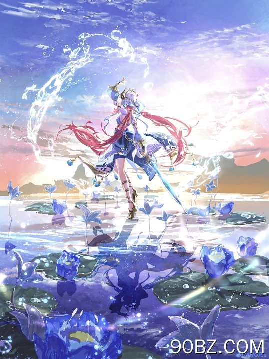 长发 红发 动漫 女孩 水 鲜花 倒影 水滴 天空 睡莲 武器 双尾 手机壁纸 4K壁纸