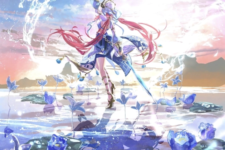 长发 红发 动漫 女孩 水 鲜花 倒影 水滴 天空 睡莲 武器 双尾 手机壁纸 4K壁纸 4200x5600