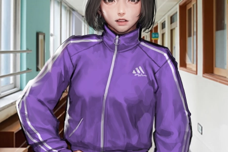 原创 人物 深色 绘图 运动服 运动衫 紧身裤 走廊 手机壁纸 4K壁纸 5000x6047